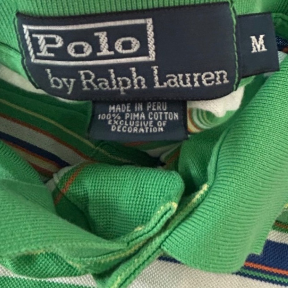Polo Ralph Lauren Shirt Medium Green Striped Pima Cotton Short Sleeve Preppy - Picture 4 of 5